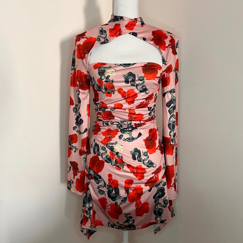 House of CB inspired floral open back long sleeve dress pink and red size small